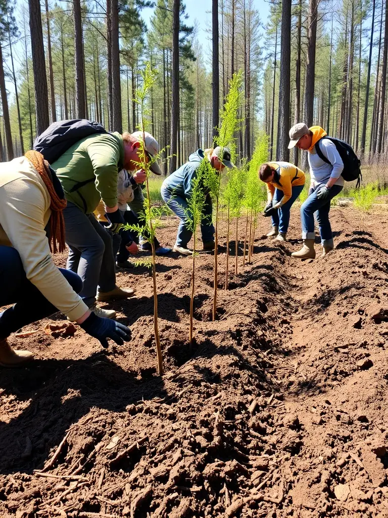A photograph capturing volunteers planting trees in a deforested area, illustrating habitat restoration efforts by SOCIETE DE CHASSE COMMUNALE D ESTIVAUX.