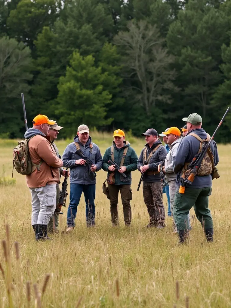 A photograph of SOCIETE DE CHASSE COMMUNALE D ESTIVAUX members conducting a workshop on responsible hunting practices for local youth, emphasizing education and community involvement.