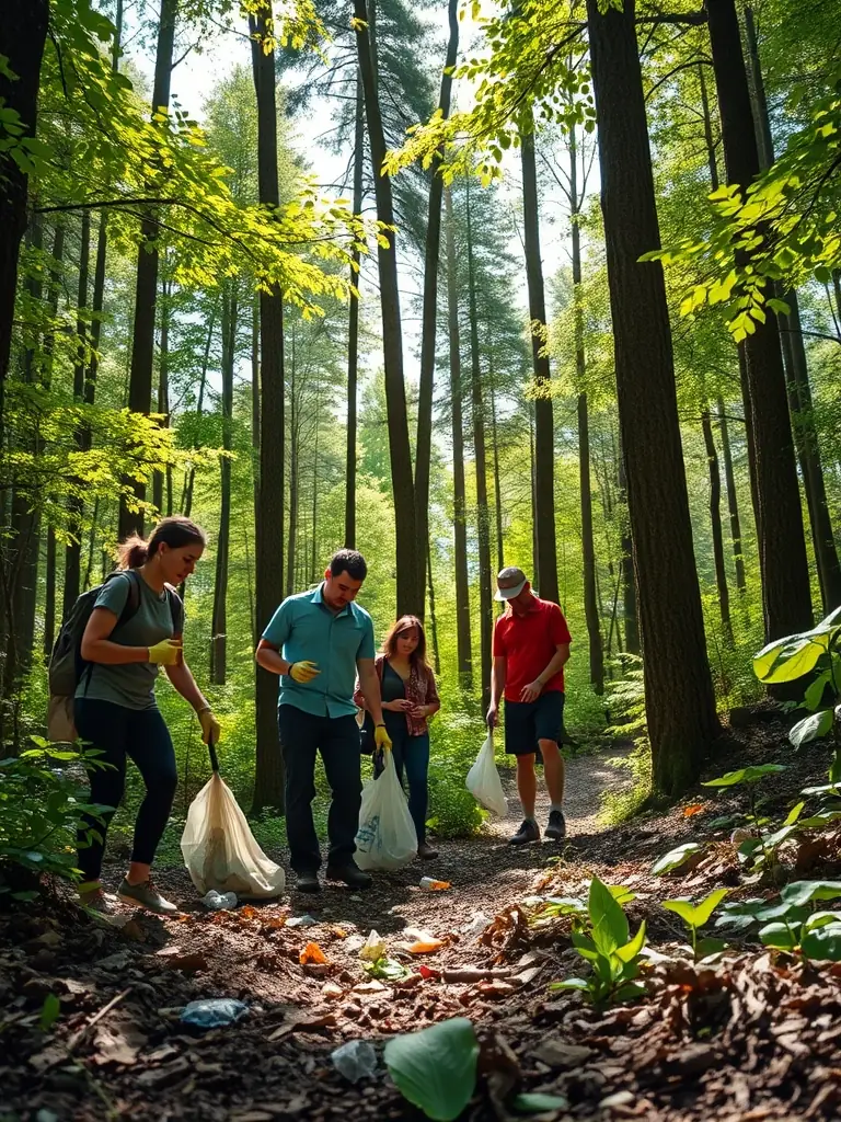 A photograph showing members of SOCIETE DE CHASSE COMMUNALE D ESTIVAUX participating in a community cleanup event in a local forest.