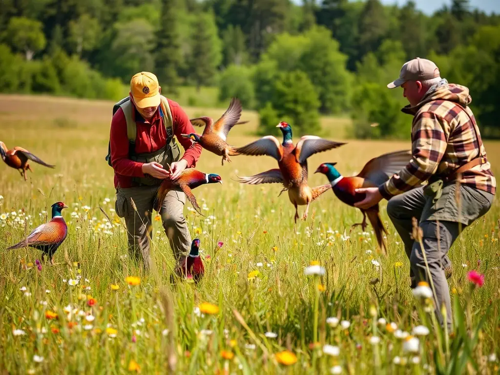 A photograph showing the release of pheasants into a managed hunting area, showcasing the restocking efforts of SOCIETE DE CHASSE COMMUNALE D ESTIVAUX.