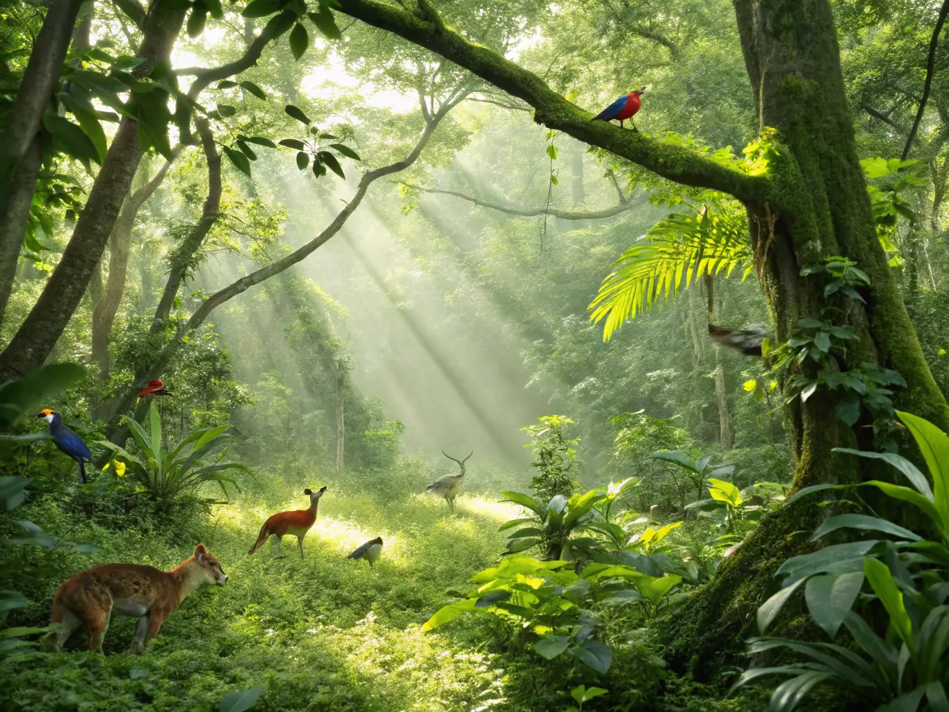 A serene image of a protected forest area with diverse plant life and clear signage indicating its status as a wildlife sanctuary, emphasizing habitat protection.