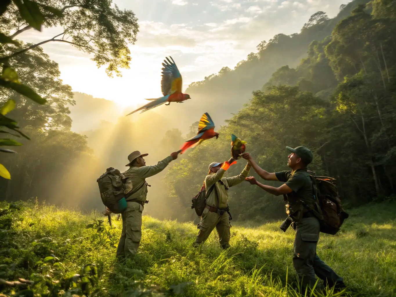 An image showing the controlled release of native birds into a revitalized habitat, symbolizing our restocking efforts to boost local populations.