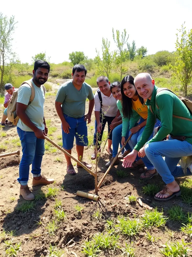 A photograph capturing a group of SOCIETE DE CHASSE COMMUNALE D ESTIVAUX members participating in a habitat restoration project, planting native trees and shrubs to improve wildlife habitat.