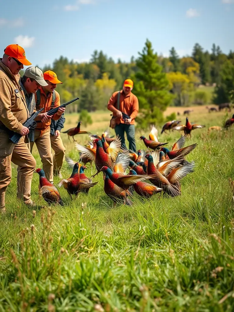 An image showing SOCIETE DE CHASSE COMMUNALE D ESTIVAUX members releasing pheasants into a managed hunting area, illustrating the restocking efforts to maintain healthy game populations.