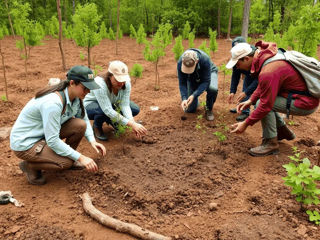 A photograph depicting volunteers planting trees in a deforested area, illustrating habitat restoration efforts by SOCIETE DE CHASSE COMMUNALE D ESTIVAUX.