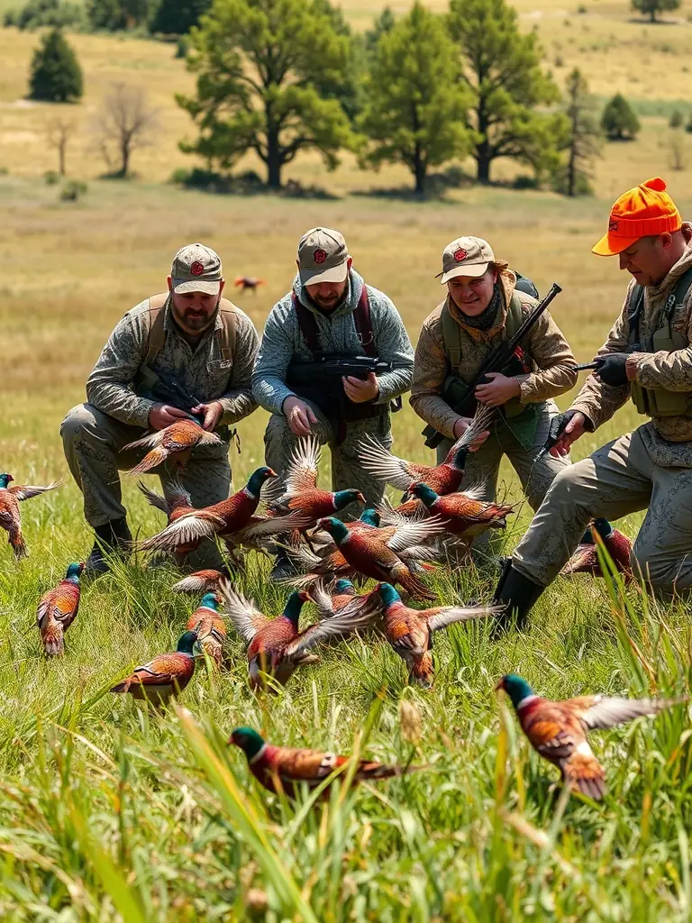 A photograph of hunters releasing pheasants into a managed hunting area, showcasing the restocking program of SOCIETE DE CHASSE COMMUNALE D ESTIVAUX.